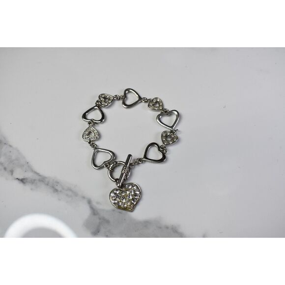 Silver Tone Heart Link Bracelet with Rhinestones - Size 7 - Picture 5 of 8
